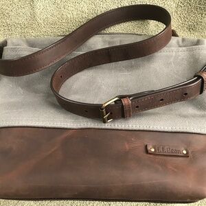 L.L. Bean Womens Crossbody Shoulder Bag Gray Waxed Canvas Brown Leather 12x10x5
